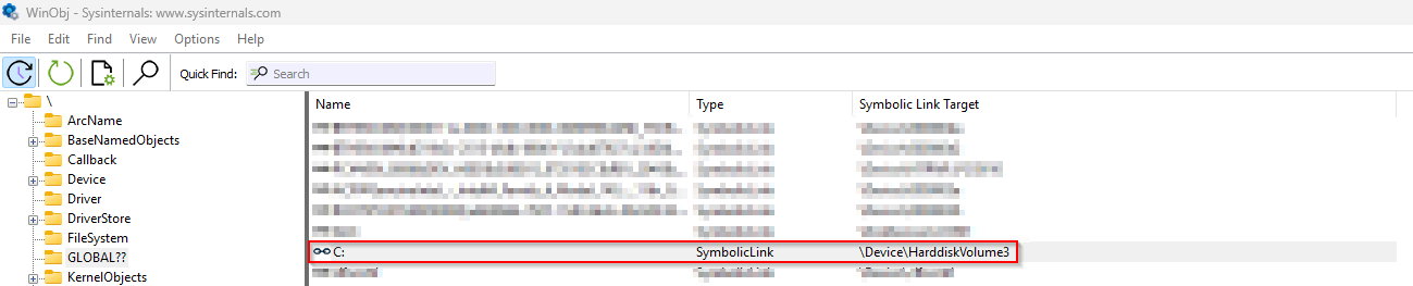 Visualización con WinObj de los enlaces simbólicos del Object Manager